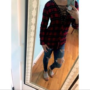 Red Plaid Lace-up Shirt
